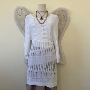 Boho White Linen Viscose Pointelle Knit Tunic Crochet Dress Cover Up Sheer